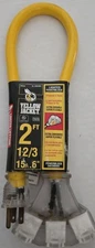 Yellow Jacket 2 Foot Lighted Power Block 12/3 15Amp Triple Outlet Power Cord NEW