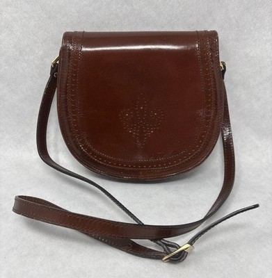 VTG Italian Leather Crossbody Saddle Bag Purse Made in Italy Fluer-De-Lis Flap