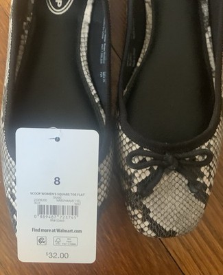 Scoop Women's Square Toe Snake Print Bow Slip On Flats Black White Size 8