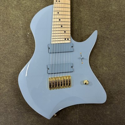 Custom 8 String Multiscale Style Electric Guitar Light Blue Finish Gold Hardware