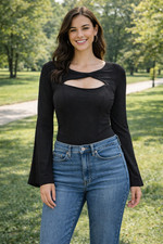 Lulus Size M Small Black Stretch Cutouts Long Bell Sleeve Bodysuit