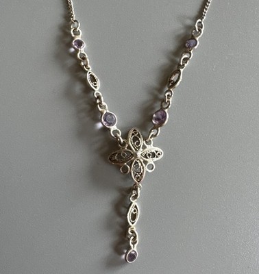 Sterling Silber 925 Amethyst filigran Blume Panzerkette Y Form Halskette 16 -18 