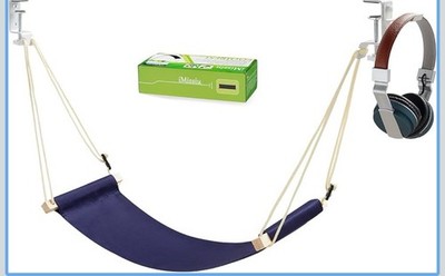 Blue Portable Under Desk Foot Rest Hammock with Headphones Holder for Office