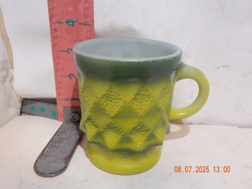 Vintage Anchor Hocking Fire King Kimberly Mug Green Yellow Diamond Retro Cup