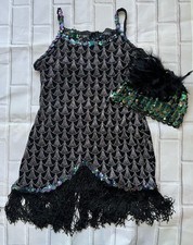 Flapper Dance Costume Black Sequins Sleeveless with Flapper Hat Large Child