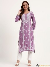Mauve Rayon Chikankari Kurta for Women, Lucknowi chikan Hand-Embroidered Kurti