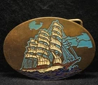 WK19171 GOOD VINTAGE 1970s *LARGE SAILBOAT* SHIP ARTWORK SOLID BRASS BELT BUCKLE