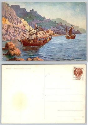 Vintage Amalfi Italy Historical Reconstruction Postcard - Ancient Ships & Coast