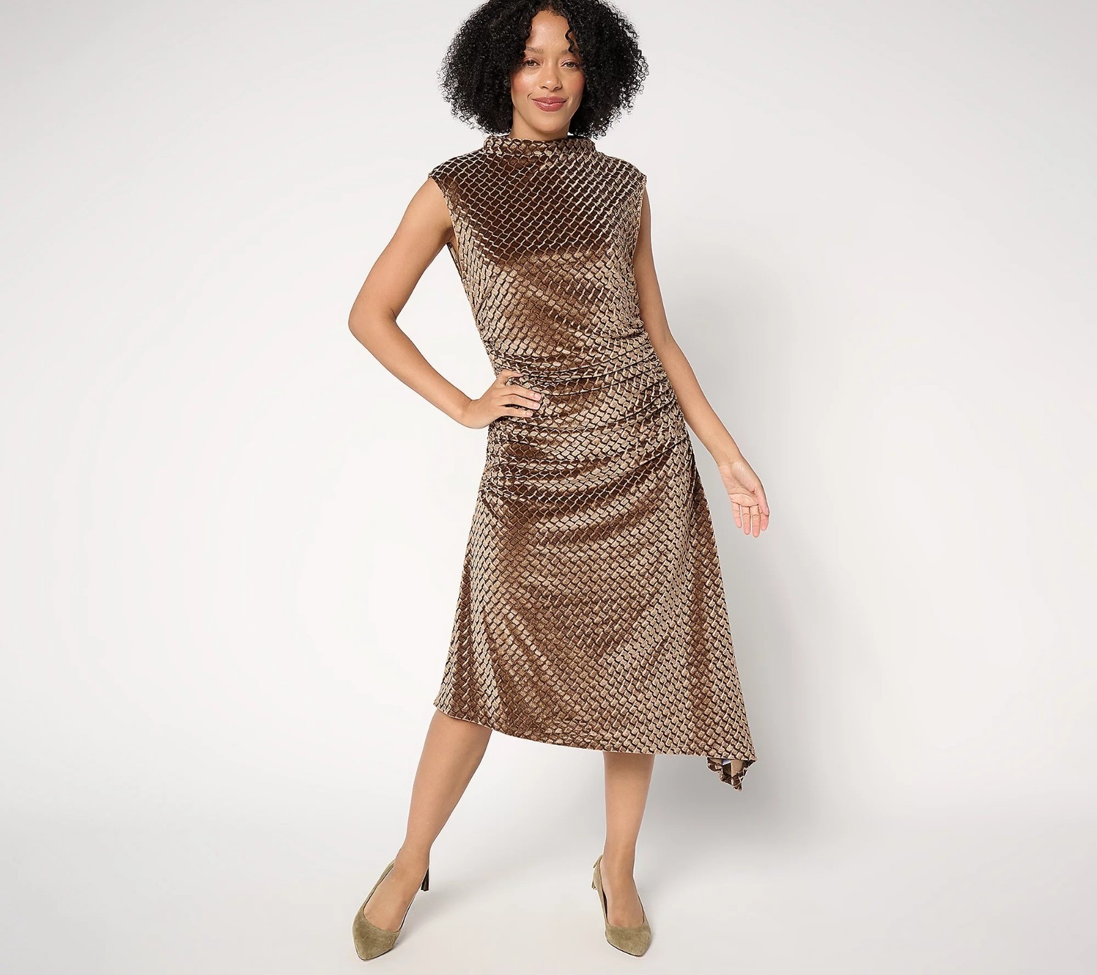 Destination 365 Reg Velvet Mock Neck Side Gathered Midi Dress Size Small Party