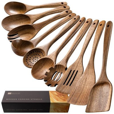 Hefild Wooden Spoons for Cooking, 10.5-13.5'' set, 10 Box/Natural Brown
