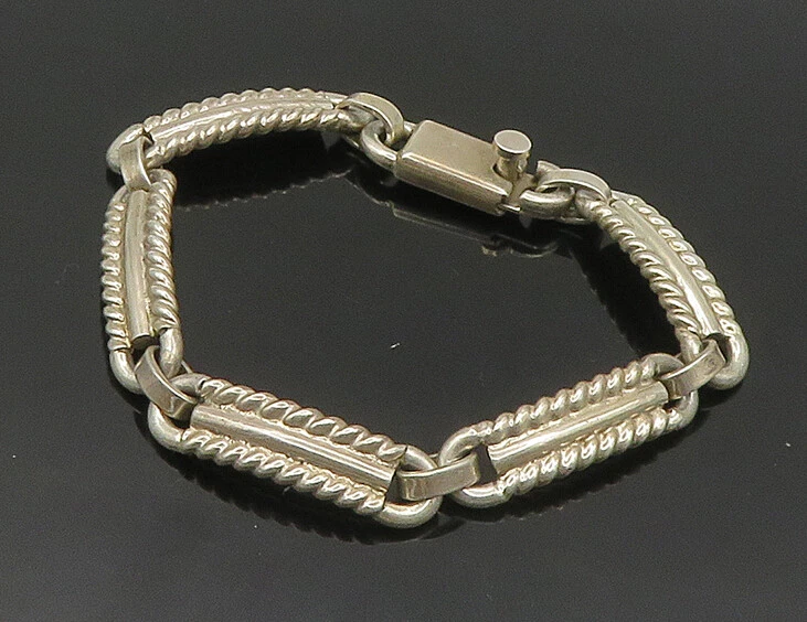 MEXICO 925 Sterling Silver - Vintage Shiny Twist Bar Chain Bracelet - BT7447
