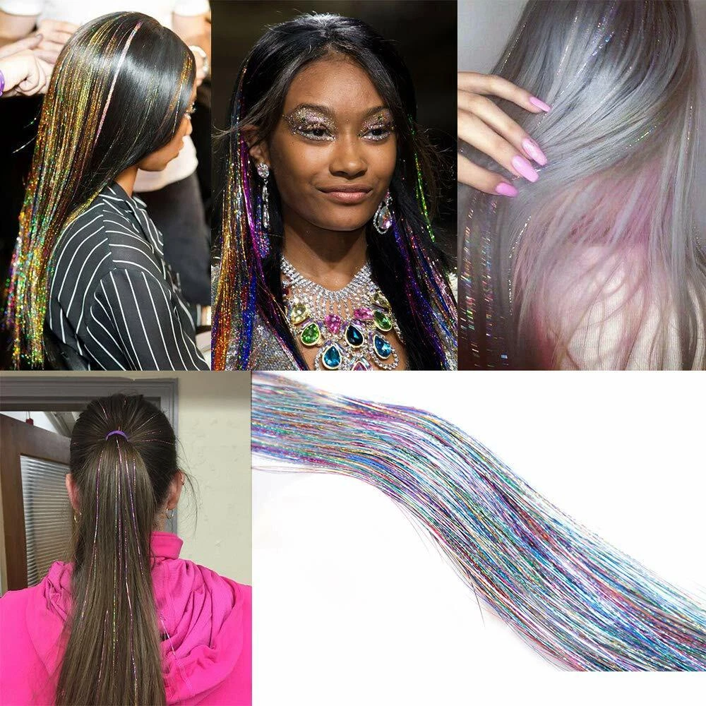 1500 Strands Holographic Sparkle Hair Tinsel Glitter Extensions Dazzles 28  Long