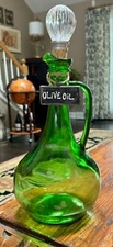 1976  made 14" Green Glass Knob top cork Stopper Wine Olive Oil Decanter Jug 