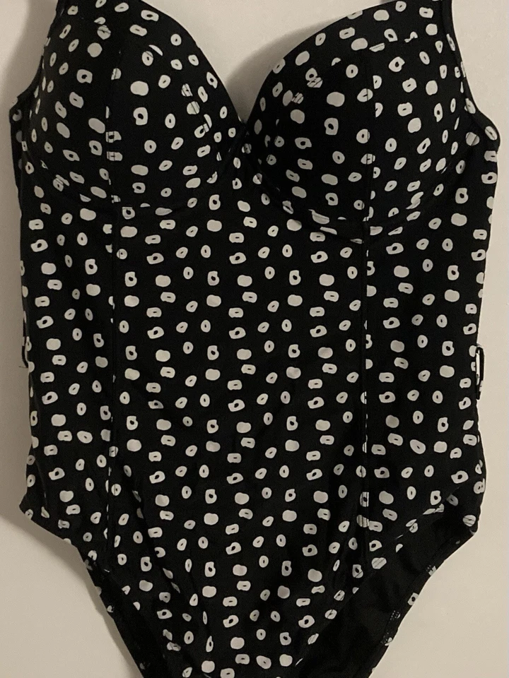 Traje de baño de una pieza Juicy Couture negro blanco estampado de leopardo a lunares talla XL Foto 3 de 4
