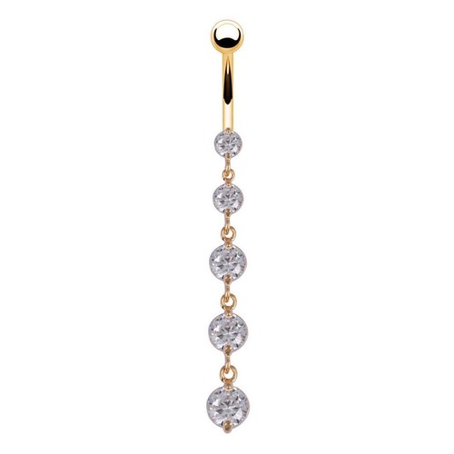 Rhinestone Belly Button Ring Long Dangle Drop Gold Charm Surgical Steel Tassel - Picture 3 of 5
