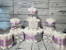 3 Tier Diaper Cake and sets - Butterfly Kisses Baby Wishes Purple Silver Gold