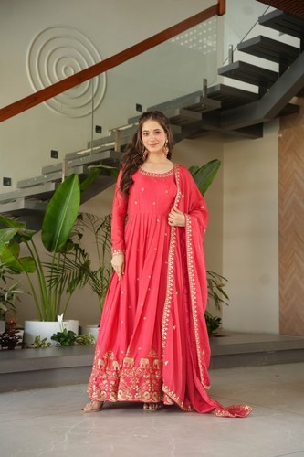 Pink Anarkali Gown With Dupatta Indian Party Wear Gown - Picture 10 of 15