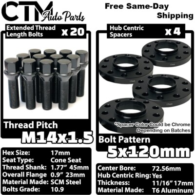 4x 17mm Thick 5x120 72.56mm C.B Wheel Spacer Black Bolt 14x1.5 BMW X3 X5 & More