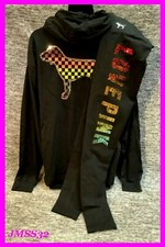 Victoria's Secret Pink Bling Ombre Rainbow Hoodie Shirt  Leggings Set Dog M L