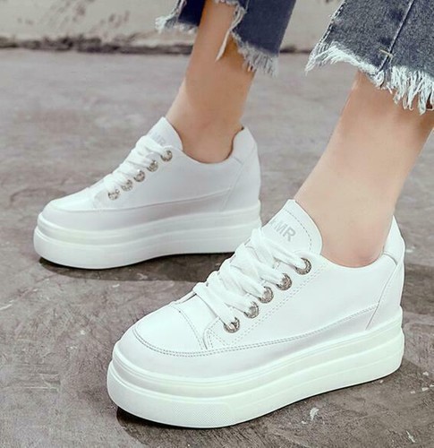 New Womens White Sneakers High Hidden Heels Wedge Platform Casual Lace Up  Shoes | eBay