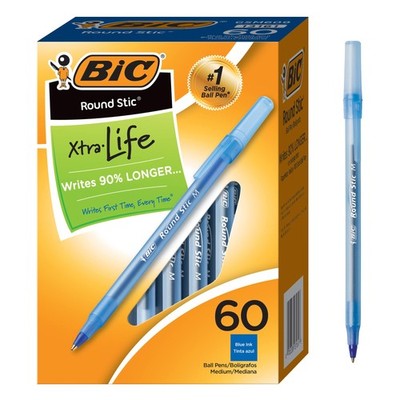 BIC Round Stic Xtra Life Ballpoint Pen with 1.0 mm 60 Count (Pack of 1), Blue 