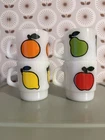 Vintage Fire King AH Set of 4 Milk Glass Fruit Mugs Orange Pear Apple Lemon