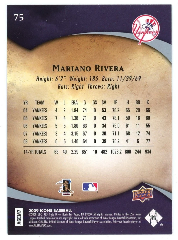 2009 UPPER DECK ICONS #75 UD MARIANO RIVERA YANKEES BASE NM FRONT BACK & PICS - Image 2 of 2