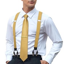 Men's Suspenders and Tie Set Silk Adjustable Elastic Y Braces with Yellow