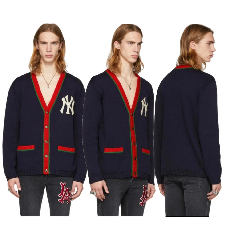 GUCCI MENS SWEATER CARDIGAN w NY YANKEES PATCH NAVY BLUE WOOL WEB M Medium - Image 3 of 4