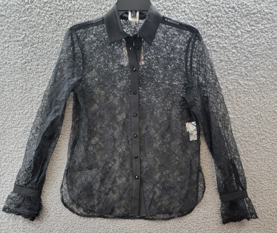 Camisa Anne Klein Manga Larga Botón Cierre Frontal Encaje Para Mujer XXS Anne Negra Foto 2 de 4