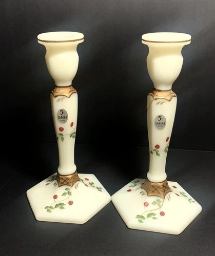 Set Of Fenton Art Glass Candlestick holders, Hand Painted RARE Twinning Berries