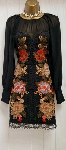 Karen Millen Black Lace Volume Sleeve Embroidered Occasion Dress UK 10 RRP £284 - Picture 5 of 12