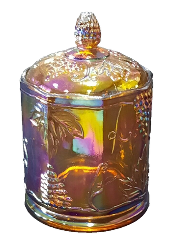 INDIANA CARNIVAL GLASS HARVEST GRAPE CANISTER W/LID & IRIDESCENT FINISH - Picture 1 of 15