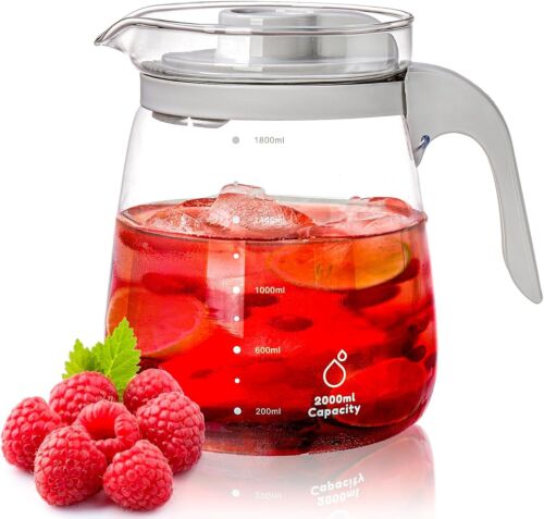 Glass Water Pitcher, 64 Oz Iced Tea Pitcher Carafe with Lid, Half Clear