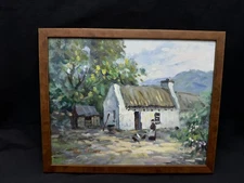 Signed oil painting on Canvas, Feeding Hens in front of House