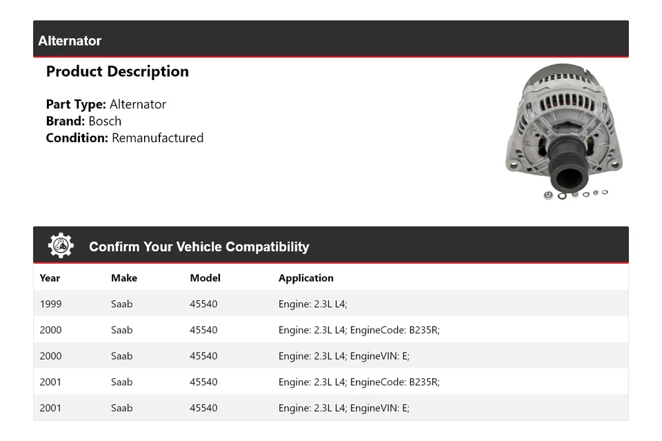 For 1999-2001 Saab 9-5 2.3L L4 Bosch Alternator (Remanufactured) 2000 Foto 2 de 4