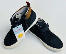 Cat & Jack Navy/Tan High top Sneakers~Side Zip~Hook & loop Strap~Big Boys 1~NWT