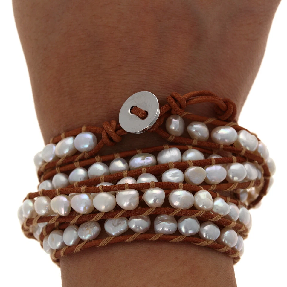 Pulsera envolvente de perlas, perlas genuinas, inspirada en el diseñador, cuero hecha a mano, tostado Foto 2 de 2