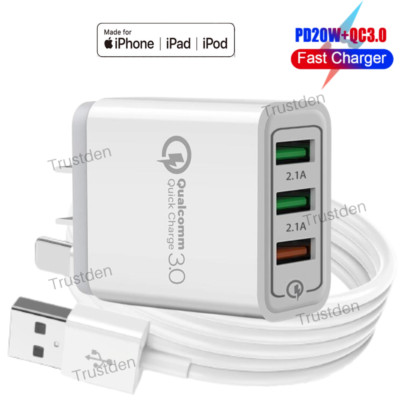 QC Power Adapter Cube Fast Charger USB Charging Cable For iPhone 5 6 7 8 X XR XS