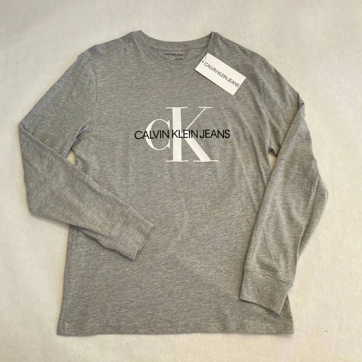 NWT Men's Calvin Klein Jeans Long Sleeve Tshirt Logo Gray CK Top S M L XL