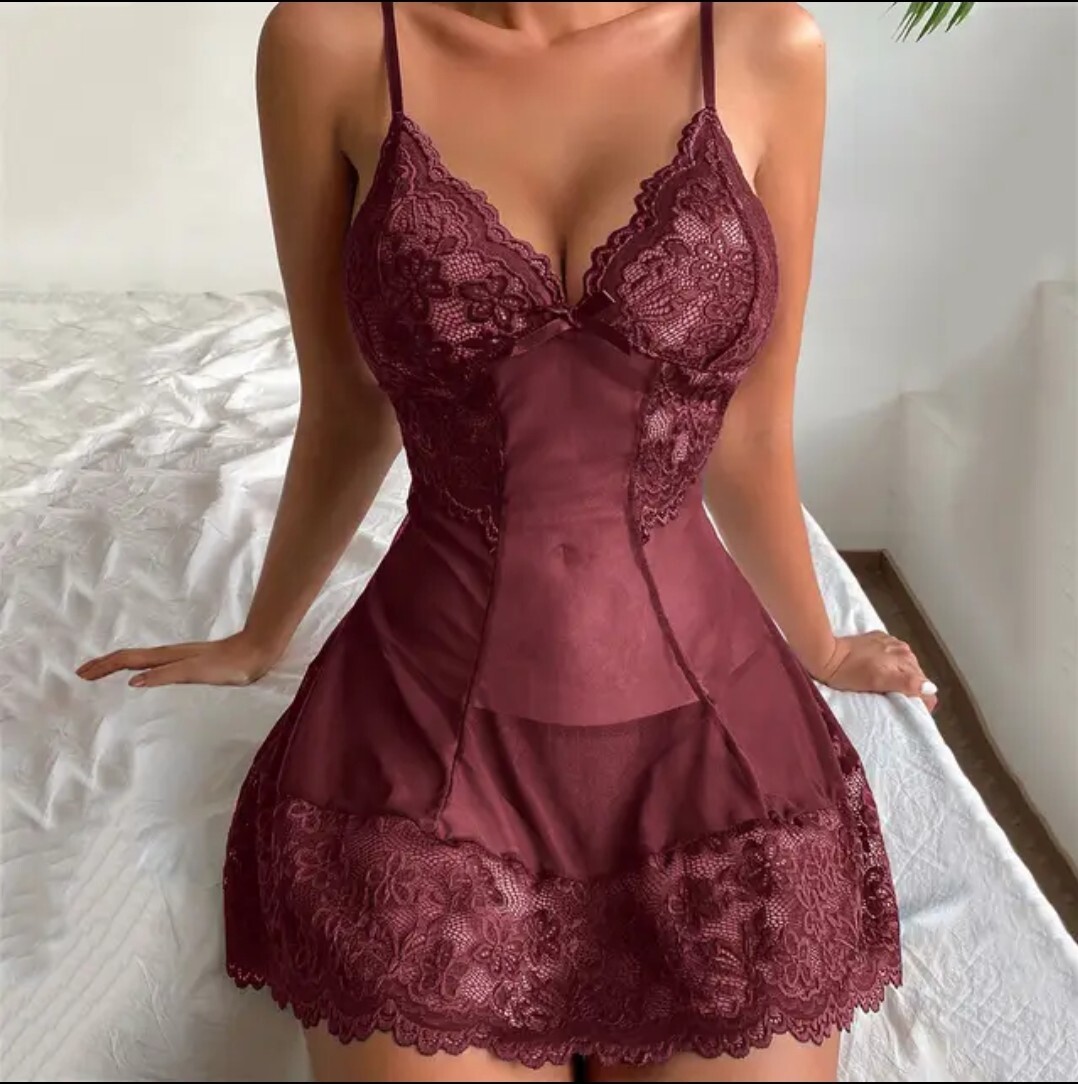 burgundy lingerie dress NEW Lace Mesh Chemise Thong Set European Style Sexy Negligee Crafted from our premium YCRF_General Replying to @Jaz ✨ Size:XXL (Chest Width 57in.)