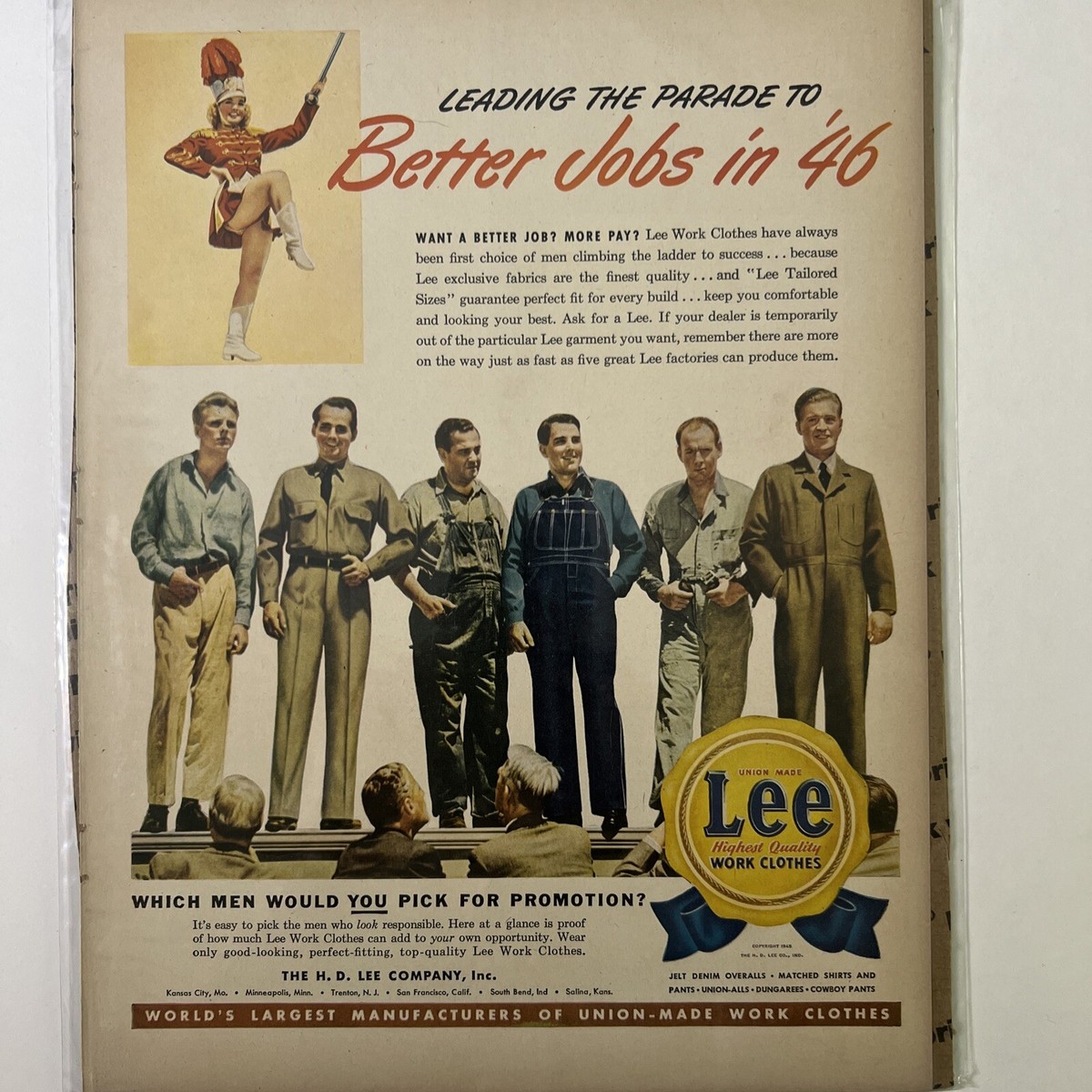 Vintage Print ad 1945 LEE WORK CLOTHES 1940's JEANS DENIM OVERALLS