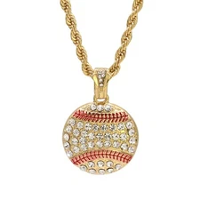 Baseball Pendant Iced Cubic-Zirconia 24" Rope Chain 18k Gold Plated Hip Hop