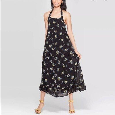 Who What Wear Who What Wear Black Yellow Floral Midi Halter Dress Women's Size XS | Sz: XS | Color: Black