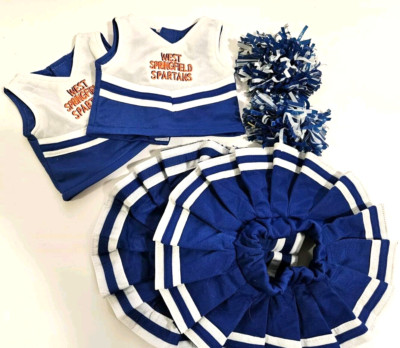 2 Cheerleader Uniforms Top Skirt Pom Poms For Plush Bear / 16'' Doll Blue & White