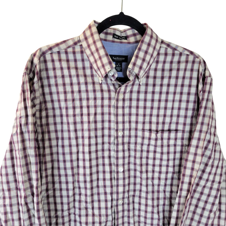 Camisa de vestir Van Heusen para hombre talla M 15 blanca marrón a cuadros manga larga Foto 3 de 4