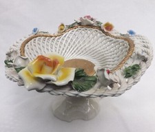 Vintage Bassano Woven Ceramic Italy Pink & Yellow Roses Centerpiece Bowl