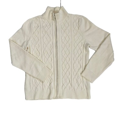 TALBOTS Women's Size L Full Zip Up Lambswool Blend Knit Ivory Sweater Mock Neck
