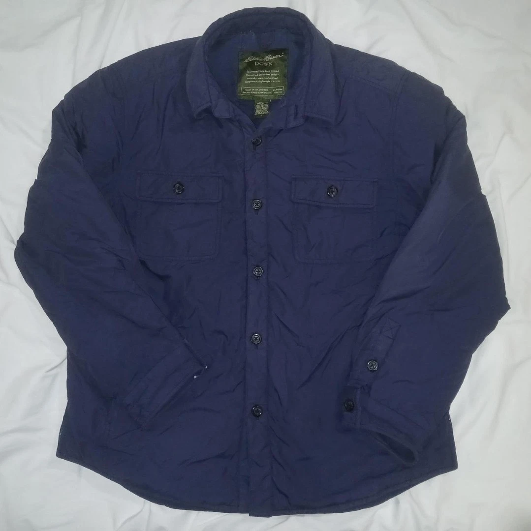 Eddie Bauer Men's Navy Blue Quilted Goose Down Jacket Button Point Collar Lined