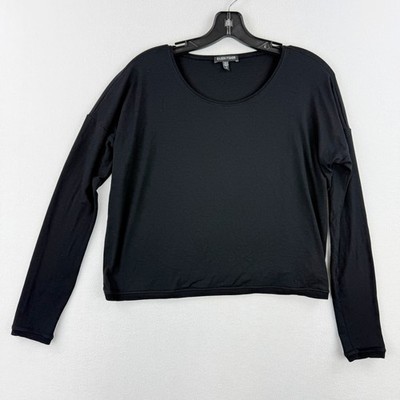 Eileen Fisher Womens XS Black Boxy Long Sleeve Scoop Neck Ribbed Trim Top